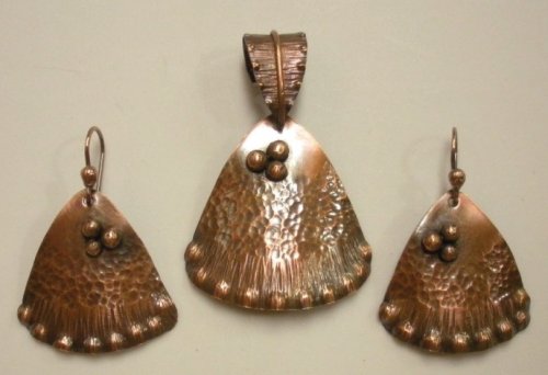 Judy Larson's Triangle Shield Earrings, Pendant and Bail - , Metalwork, Filing, Finishing, How To Punch Holes, Hole Punching, Punch A Hole, Oxidizing Wire, Oxidizing, Antiquing Wire, Antiquing, Sawing, Saw, Wire Saw, Texturing, Finished Copper Triangle earrings and pendant